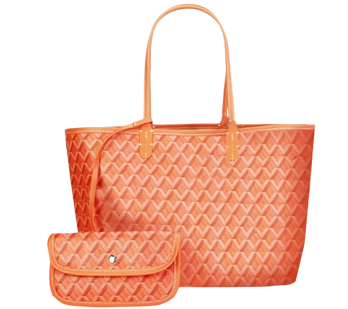 Orange quilted large leather tote bag with matching clutch featuring 1-2cm shorter design for versatile use