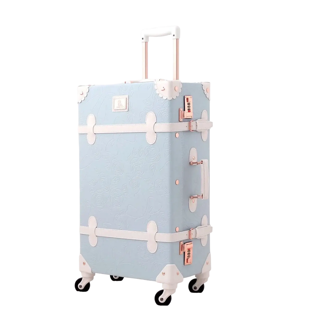 Large leather tote bag with matching clutch featuring a pastel blue vintage-style suitcase design 1-2cm shorter handle