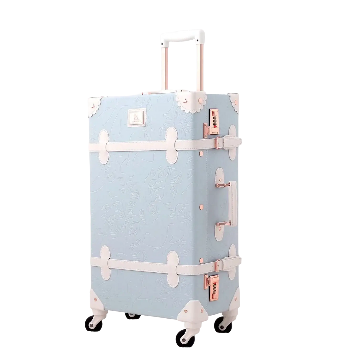 Large leather tote bag with matching clutch featuring a pastel blue vintage-style suitcase design 1-2cm shorter handle