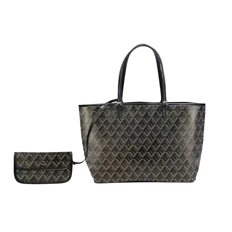 A sleek olive green and black large leather tote bag with geometric pattern and sturdy handles 1-2cm shorter