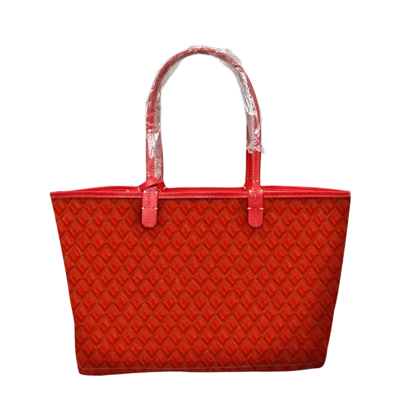 Large leather tote bag with matching clutch featuring vibrant red woven body and pink leather accents 1-2cm shorter