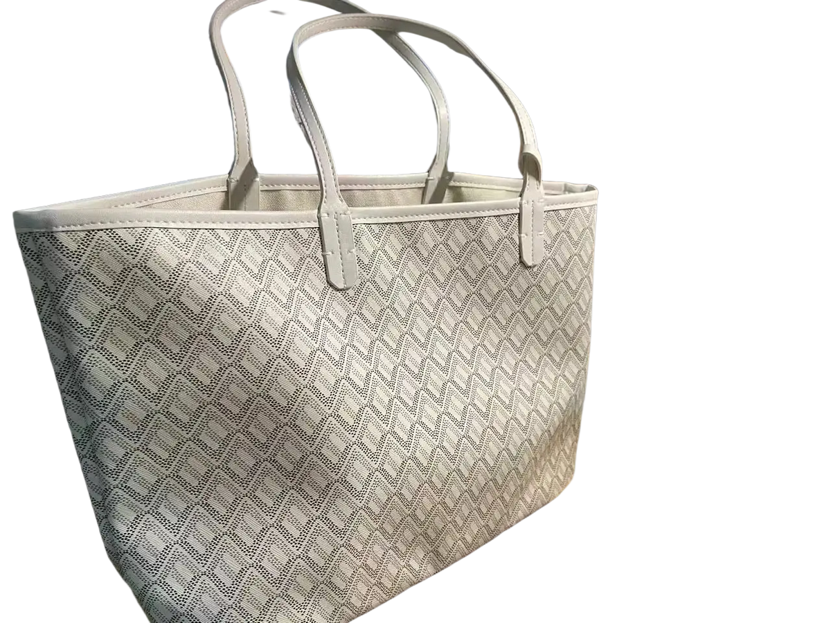 Large white leather tote bag with a goyard-style geometric pattern and matching clutch 1-2cm shorter handles