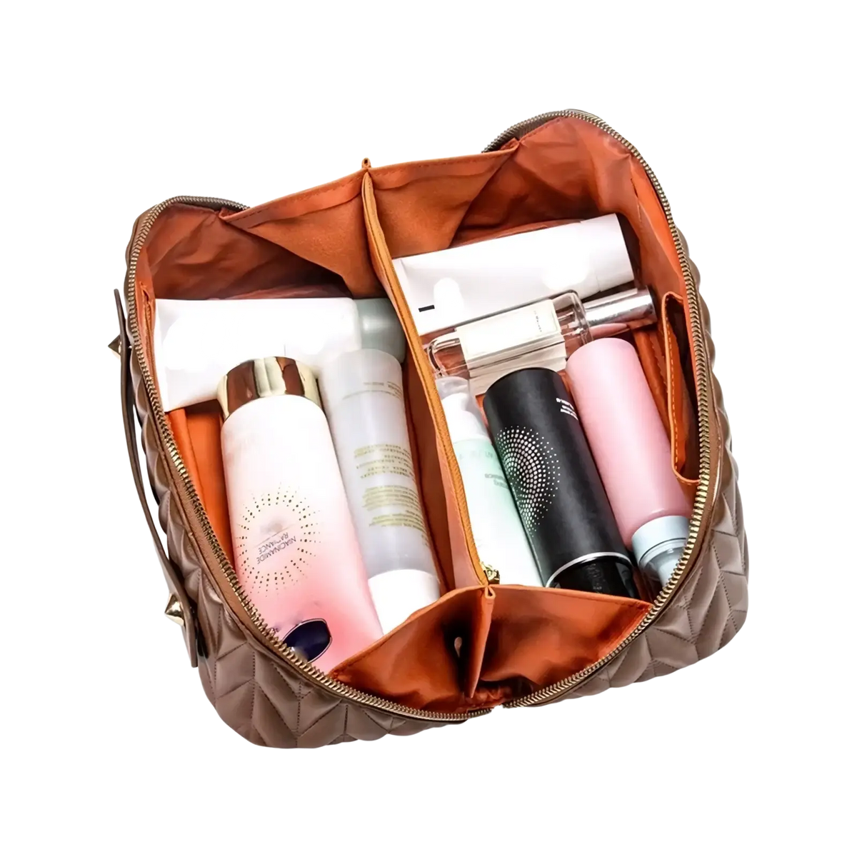 Large leather travel makeup bag with brown quilted exterior and orange interior lining for toiletry organization