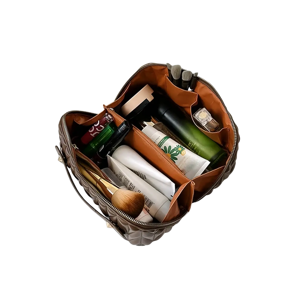 Large leather travel makeup bag in brown quilted leather with orange interior lining and multiple compartments