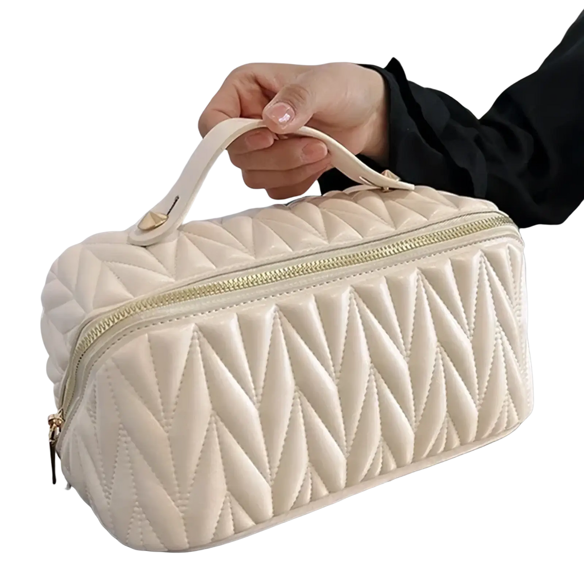 Cream-colored quilted large leather travel makeup bag with gold zipper and matching handle for toiletry organization