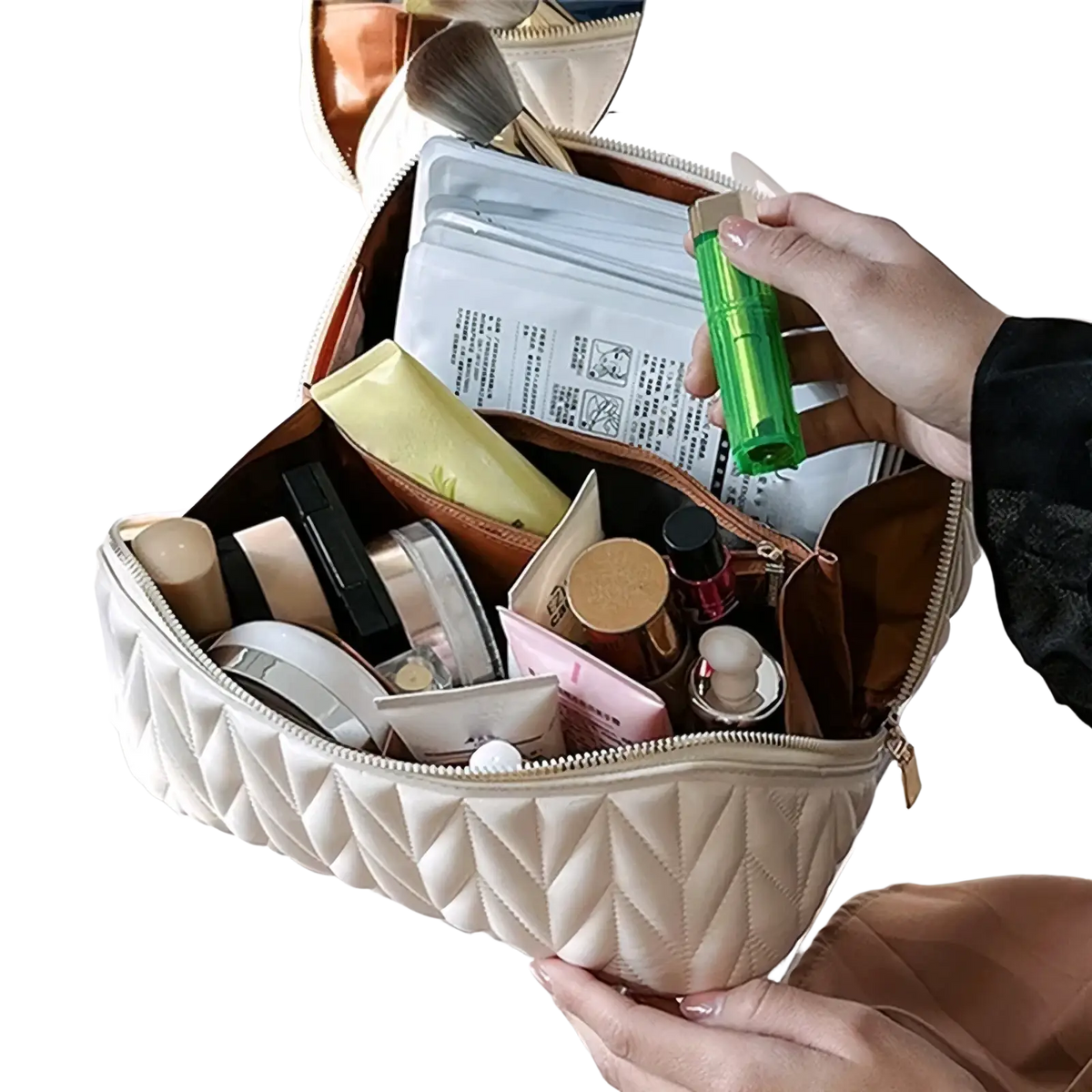 Cream-colored quilted leather large travel makeup bag with zipper closure filled with assorted beauty products