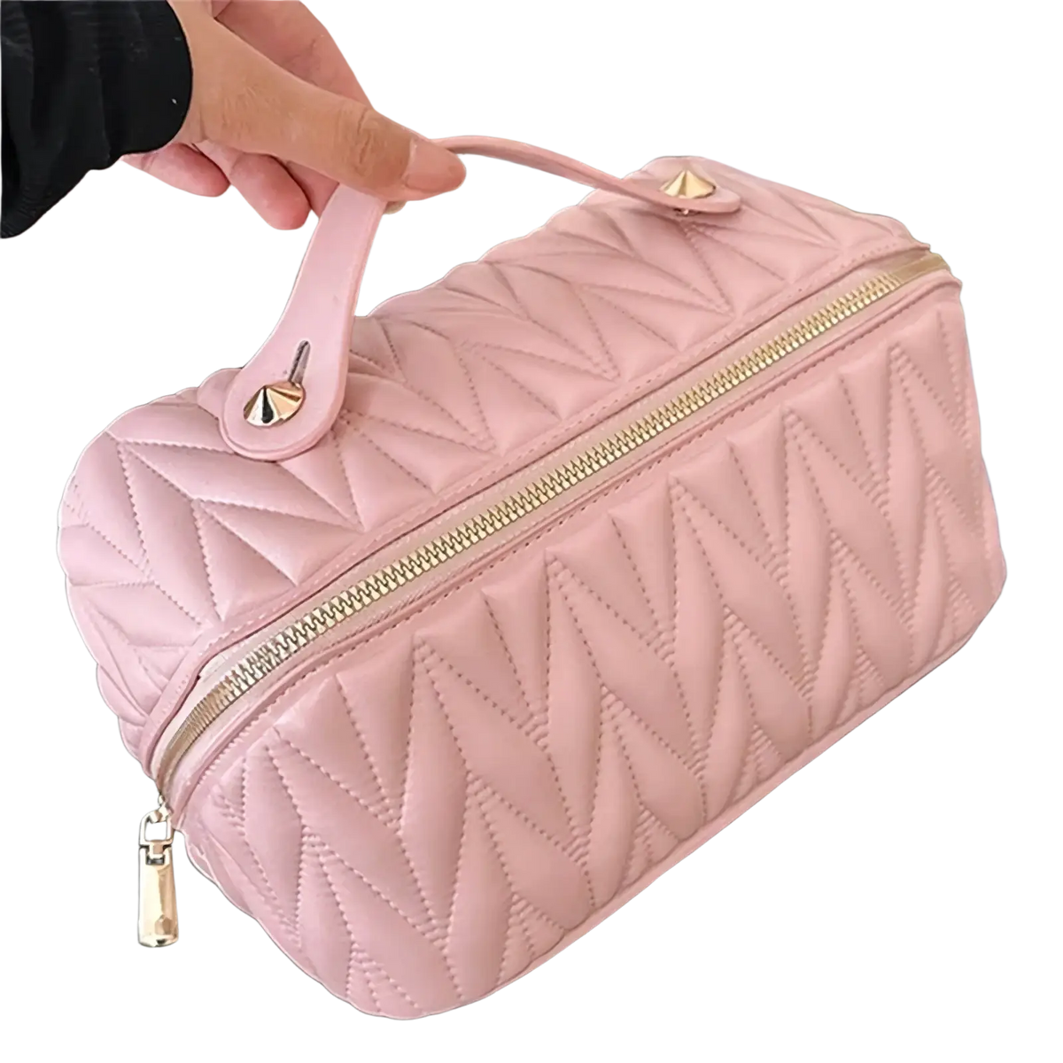 Large leather travel makeup bag in pink quilted leather with gold-tone zipper and handle accents for toiletry organization