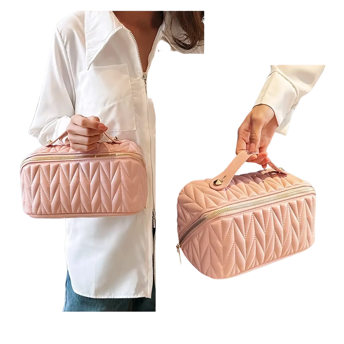 A soft blush pink quilted large leather travel makeup bag with gold zipper and matching handle for toiletry organization