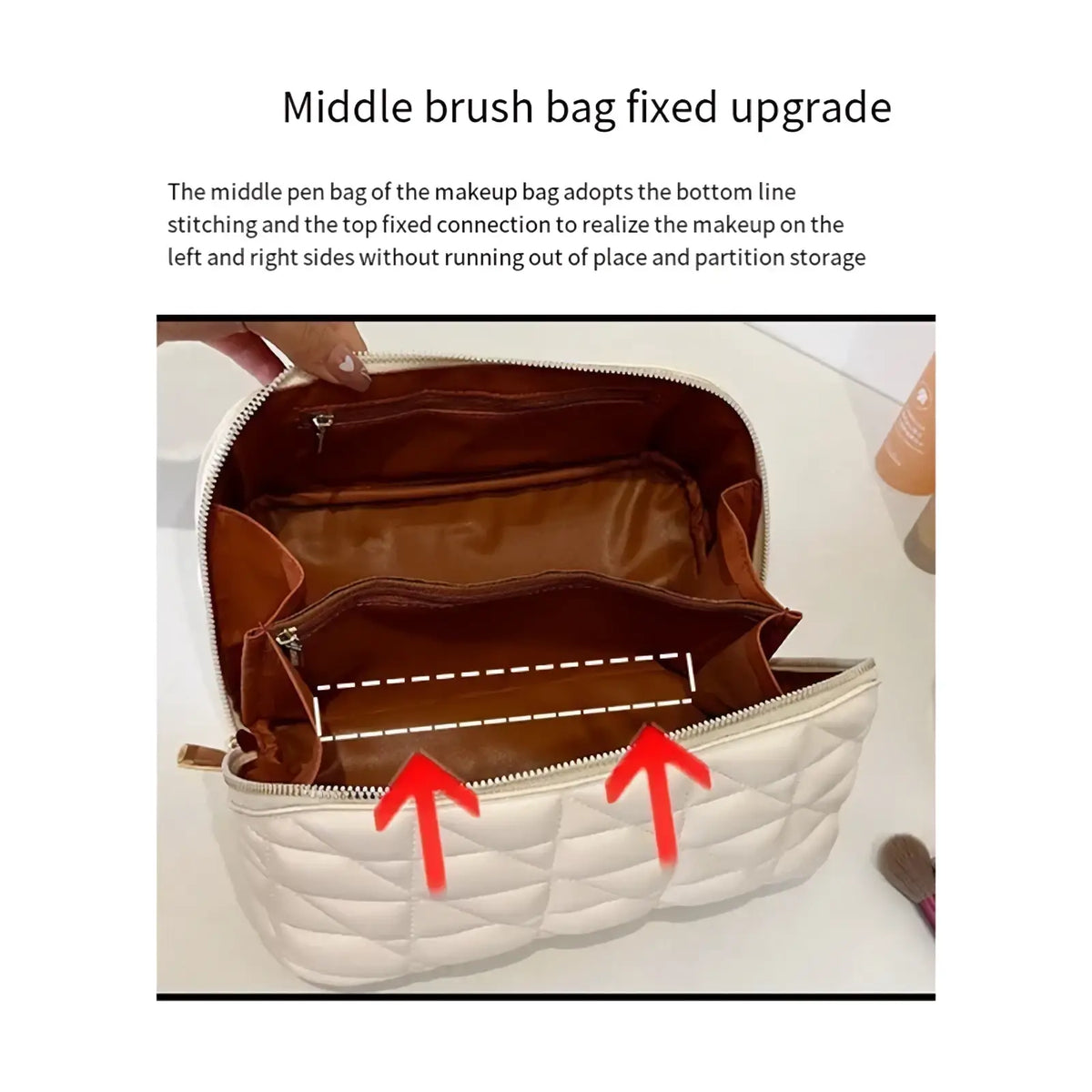 Large leather travel makeup bag in quilted white with brown interior and zipper compartments for toiletry organization