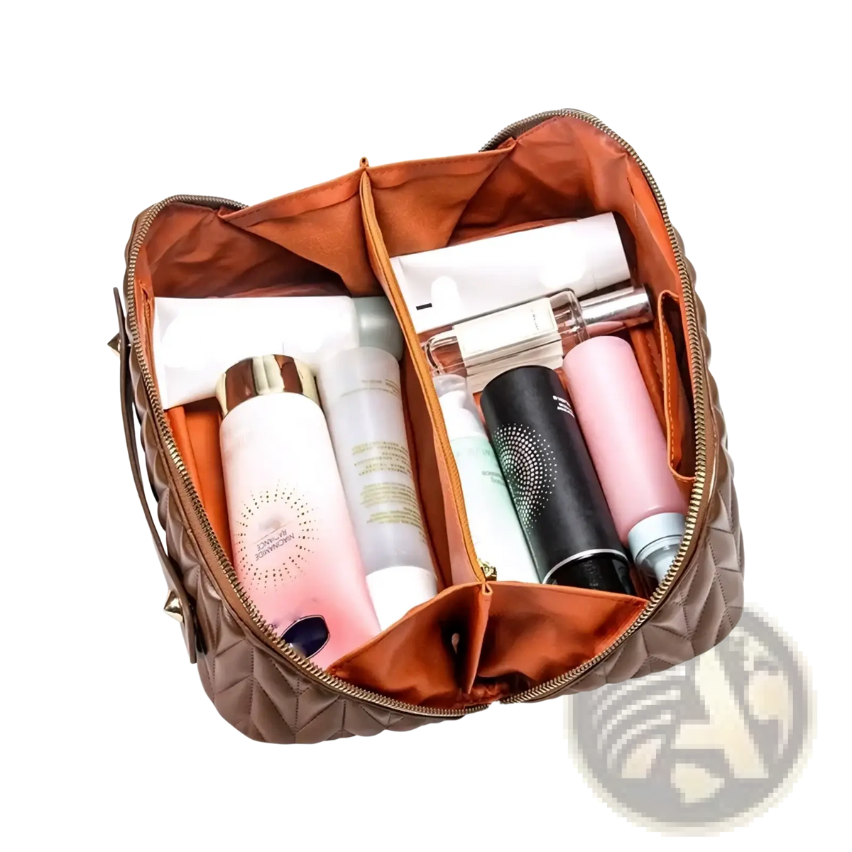 Large leather travel makeup bag with brown quilted exterior and orange interior lining for toiletry organization