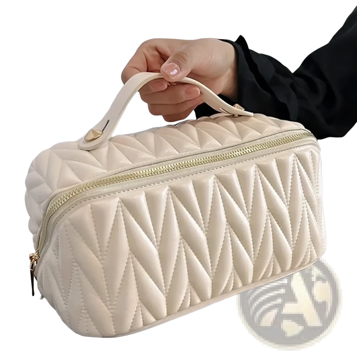 Cream-colored quilted large leather travel makeup bag with gold zipper and matching handle for toiletry organization