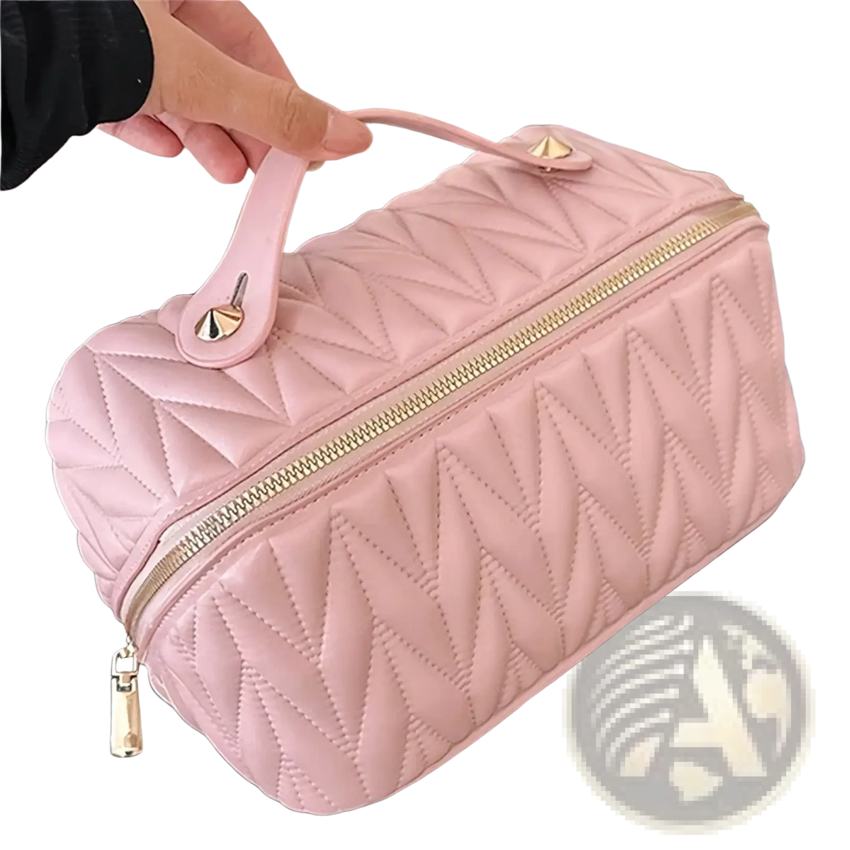 Large leather travel makeup bag in pink quilted leather with gold-tone zipper and handle accents for toiletry organization