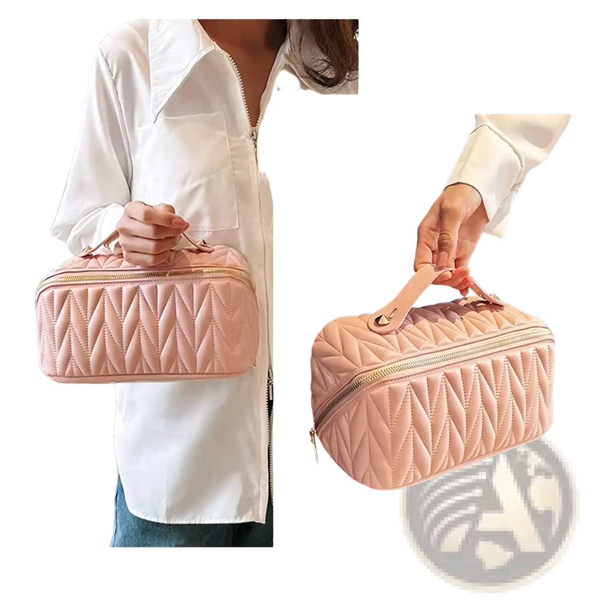 A soft blush pink quilted large leather travel makeup bag with gold zipper and matching handle for toiletry organization