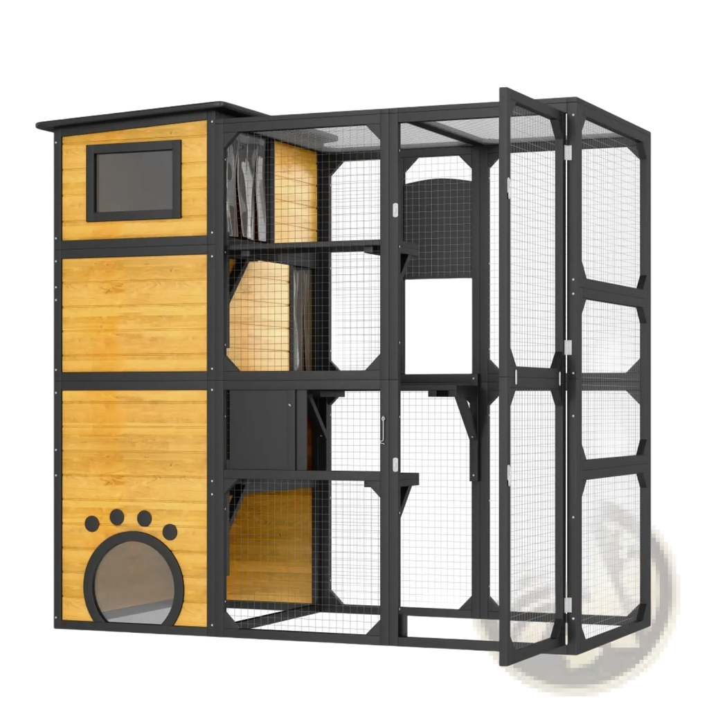 Large outdoor catio 4 tier wooden cat enclosure in black and light wood with mesh panels and paw print entrance