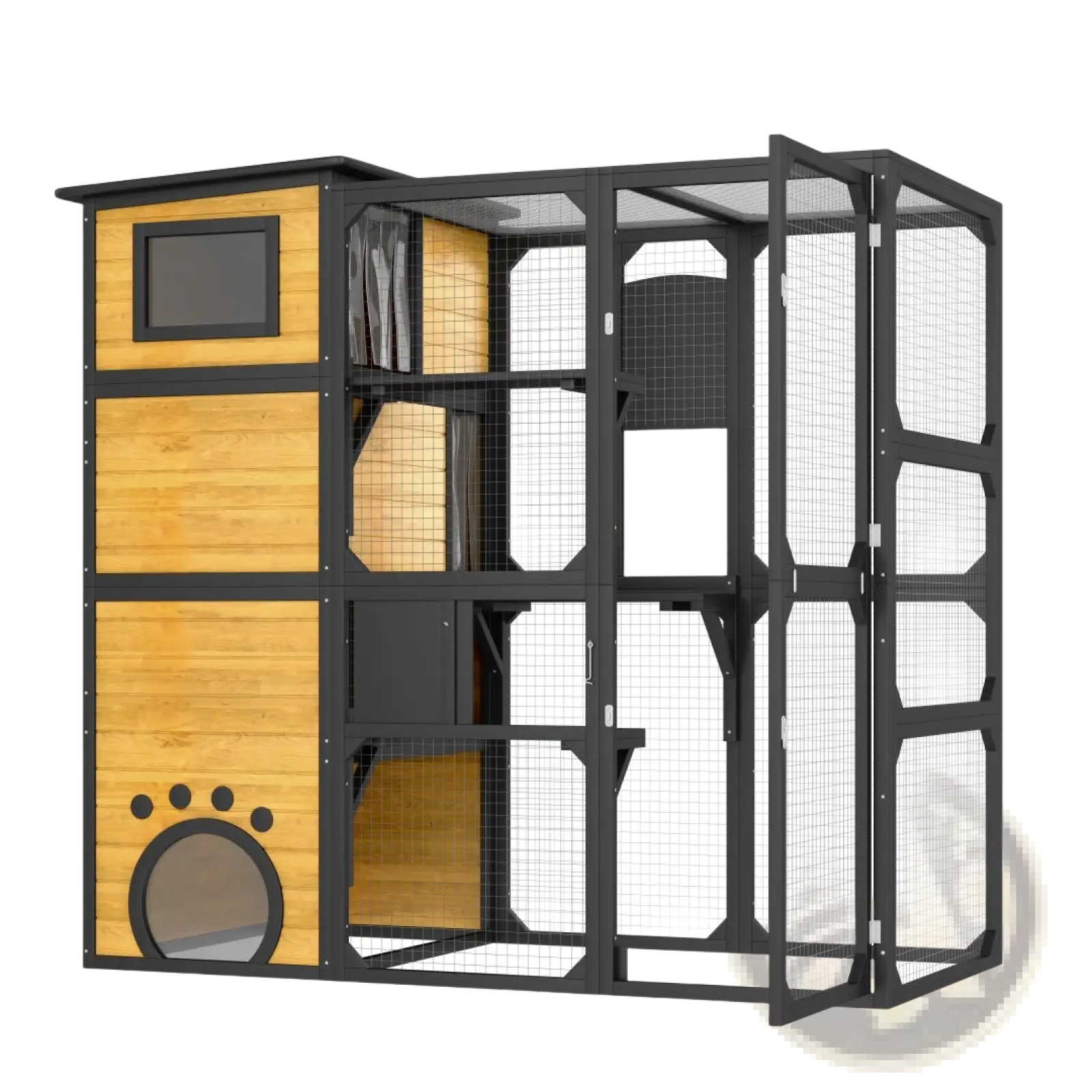 Large outdoor catio 4 tier wooden cat enclosure in black and light wood with mesh panels and paw print entrance