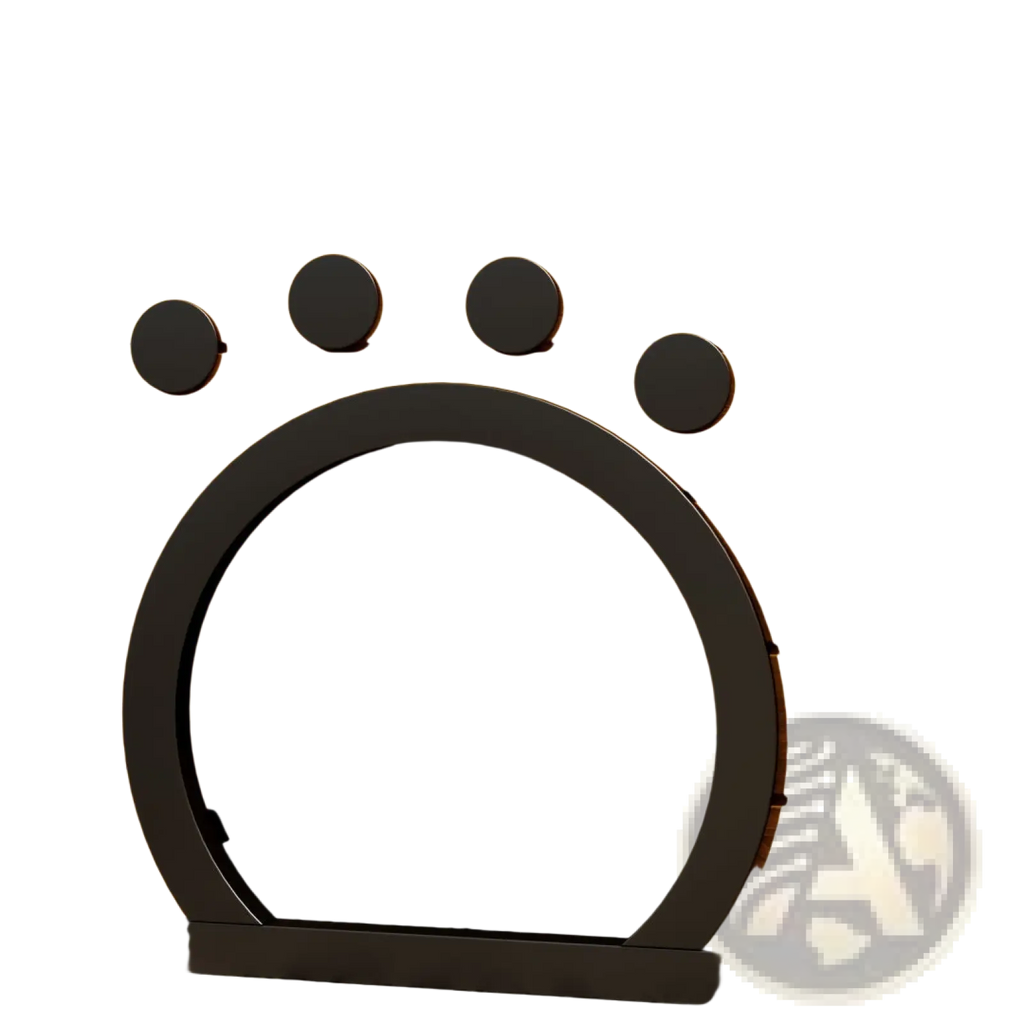 Black metal paw print circular door entrance set in wooden wall of large outdoor catio 4 tier wooden cat enclosure