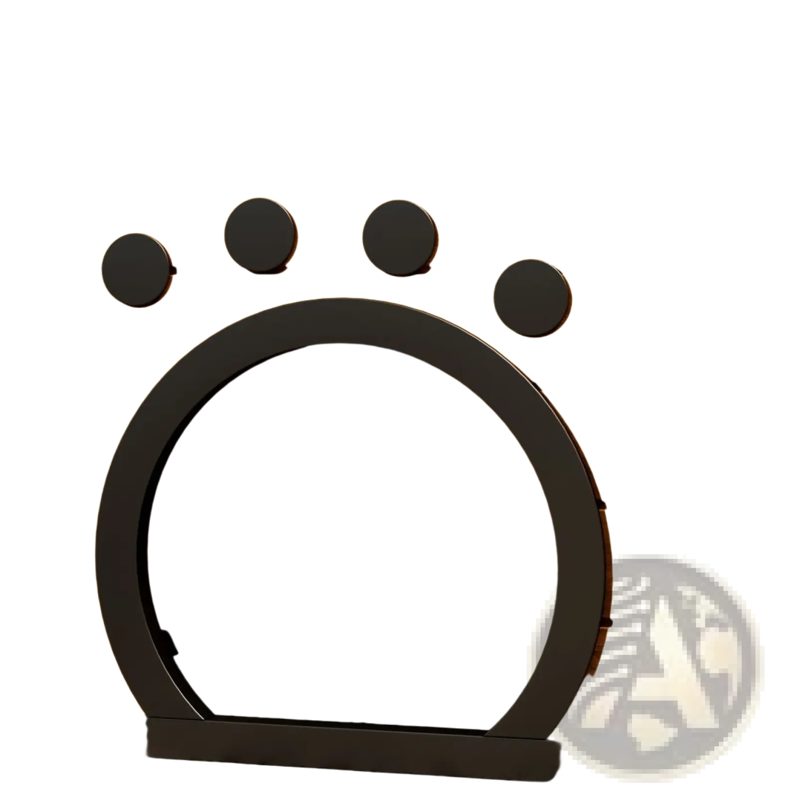Black metal paw print circular door entrance set in wooden wall of large outdoor catio 4 tier wooden cat enclosure
