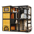 Large outdoor catio four tier wooden enclosure with black metal frame yellow panels and wire mesh doors