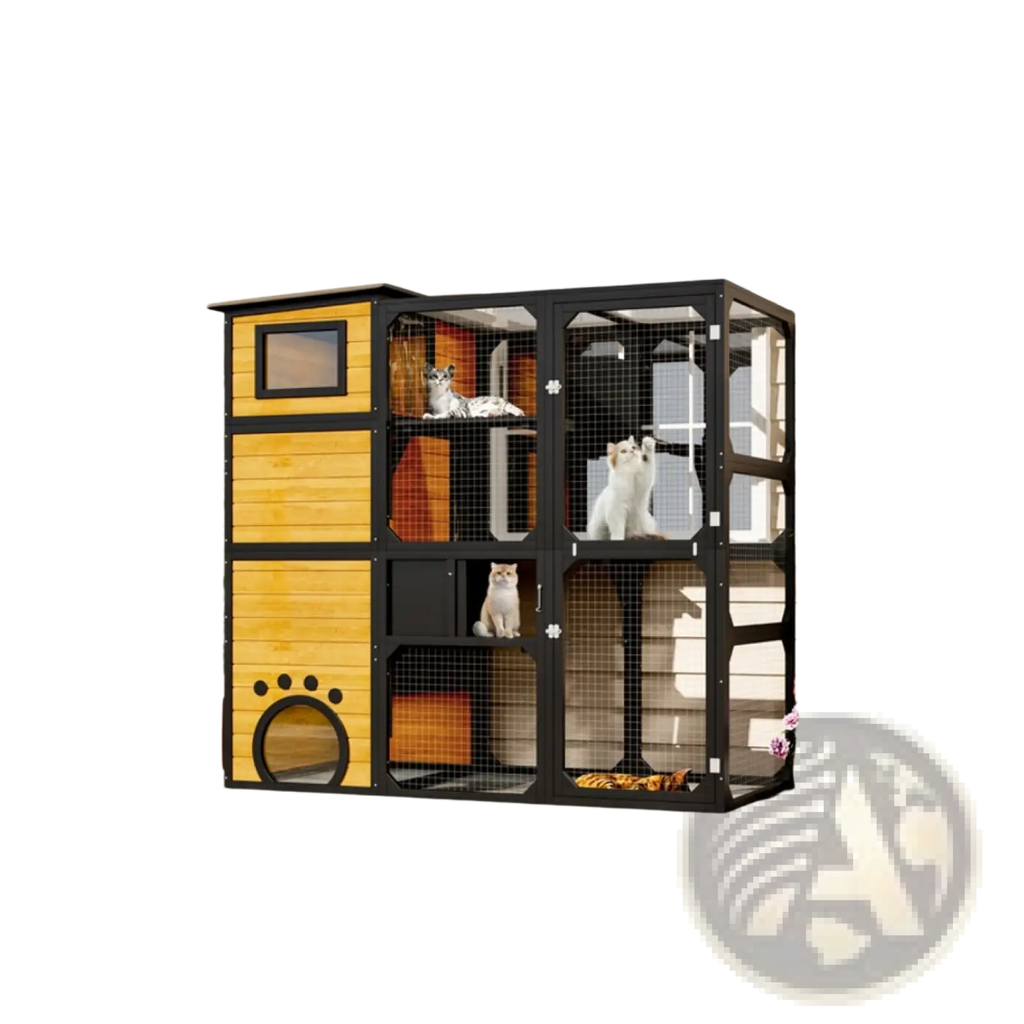 Large outdoor catio 4 tier wooden cat enclosure with black metal frame yellow panels mesh sides and paw print entrance