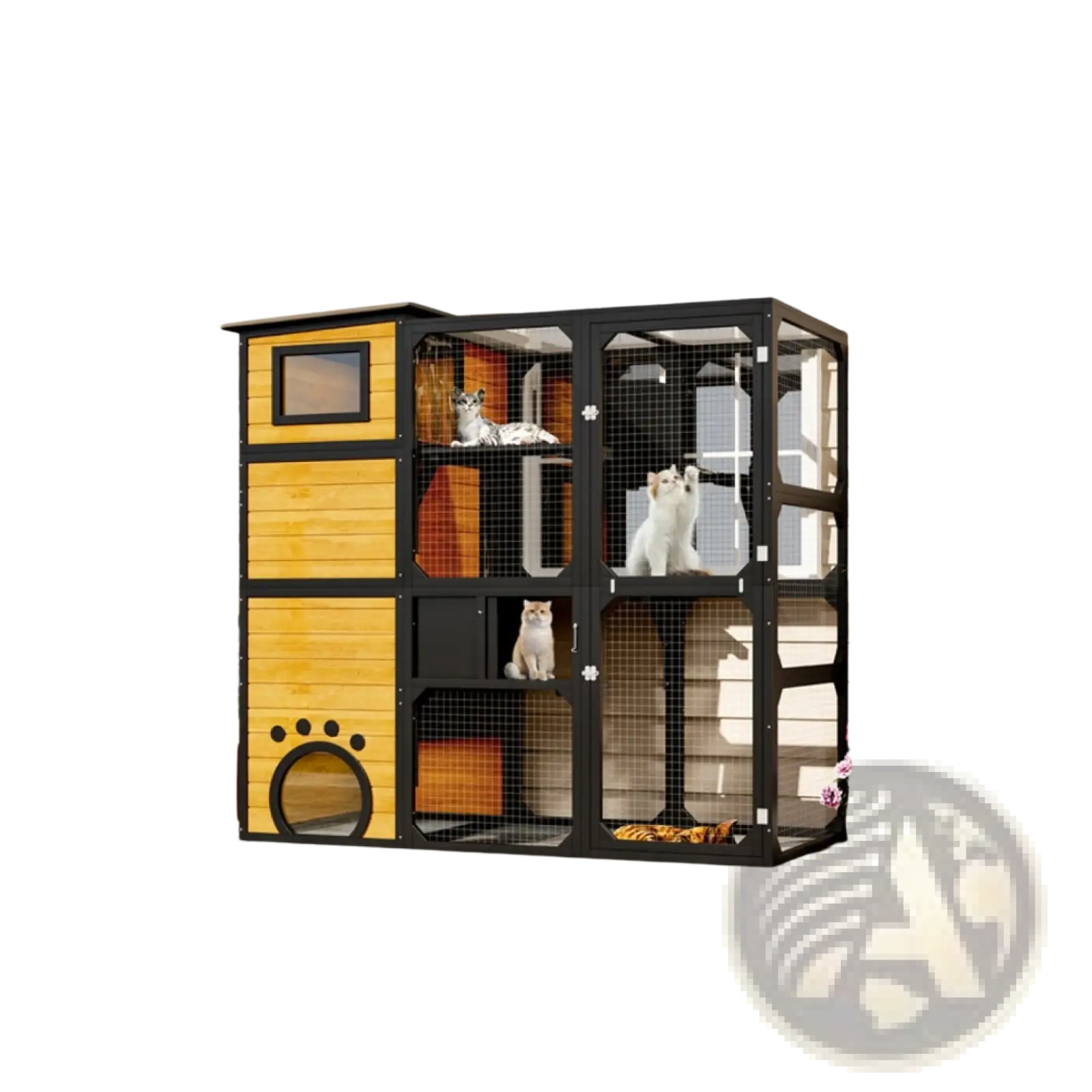 Large outdoor catio 4 tier wooden cat enclosure with black metal frame yellow panels mesh sides and paw print entrance