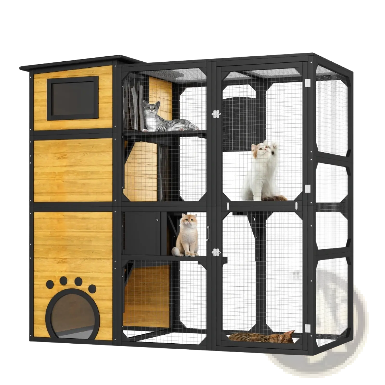 Large outdoor catio with four-tier wooden enclosure, black metal frame, light wood panels, paw-print entrance, and wire mesh sides
