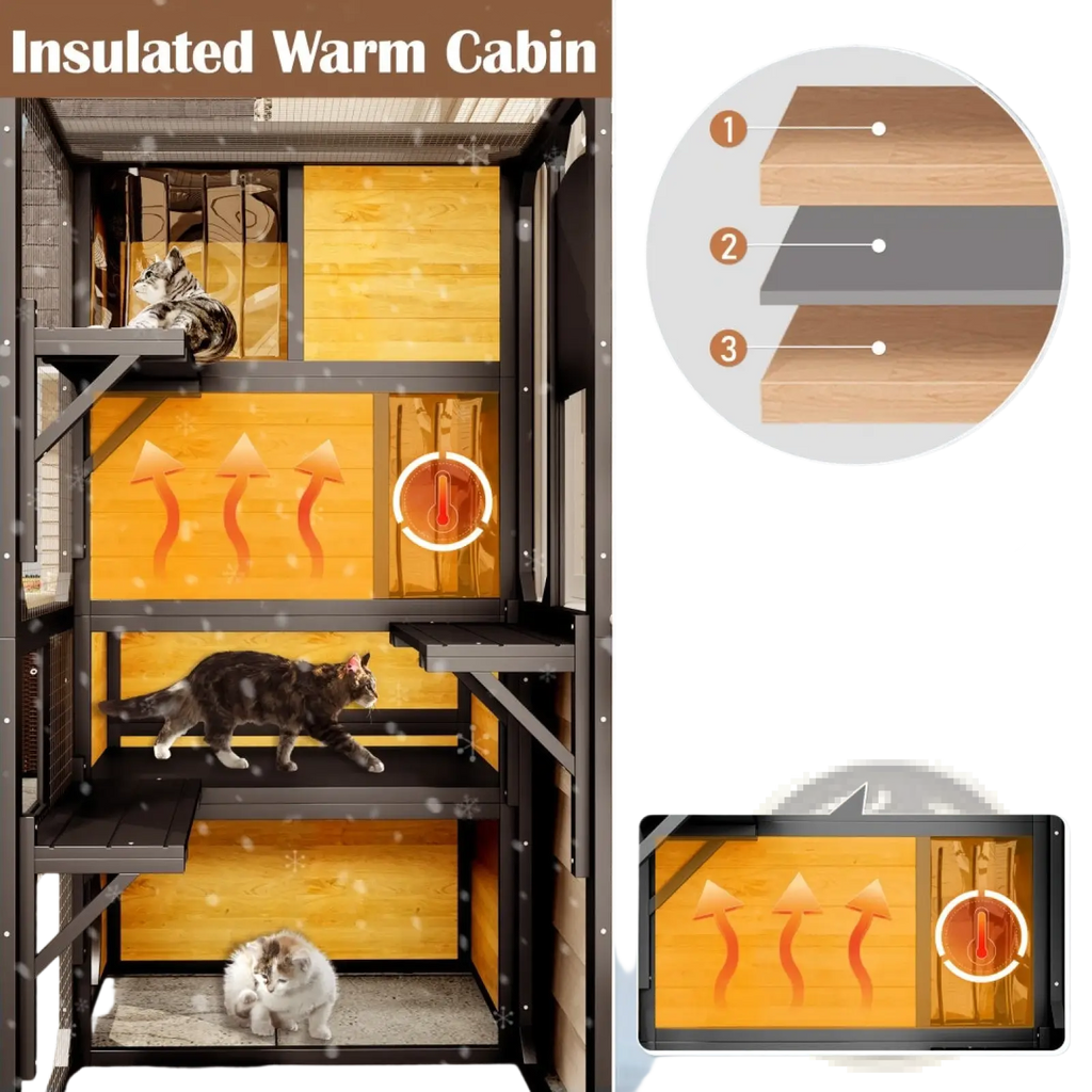 Large outdoor catio 4 tier wooden cat enclosure with multi-level insulated warm cabin in poplar wood and black metal frame