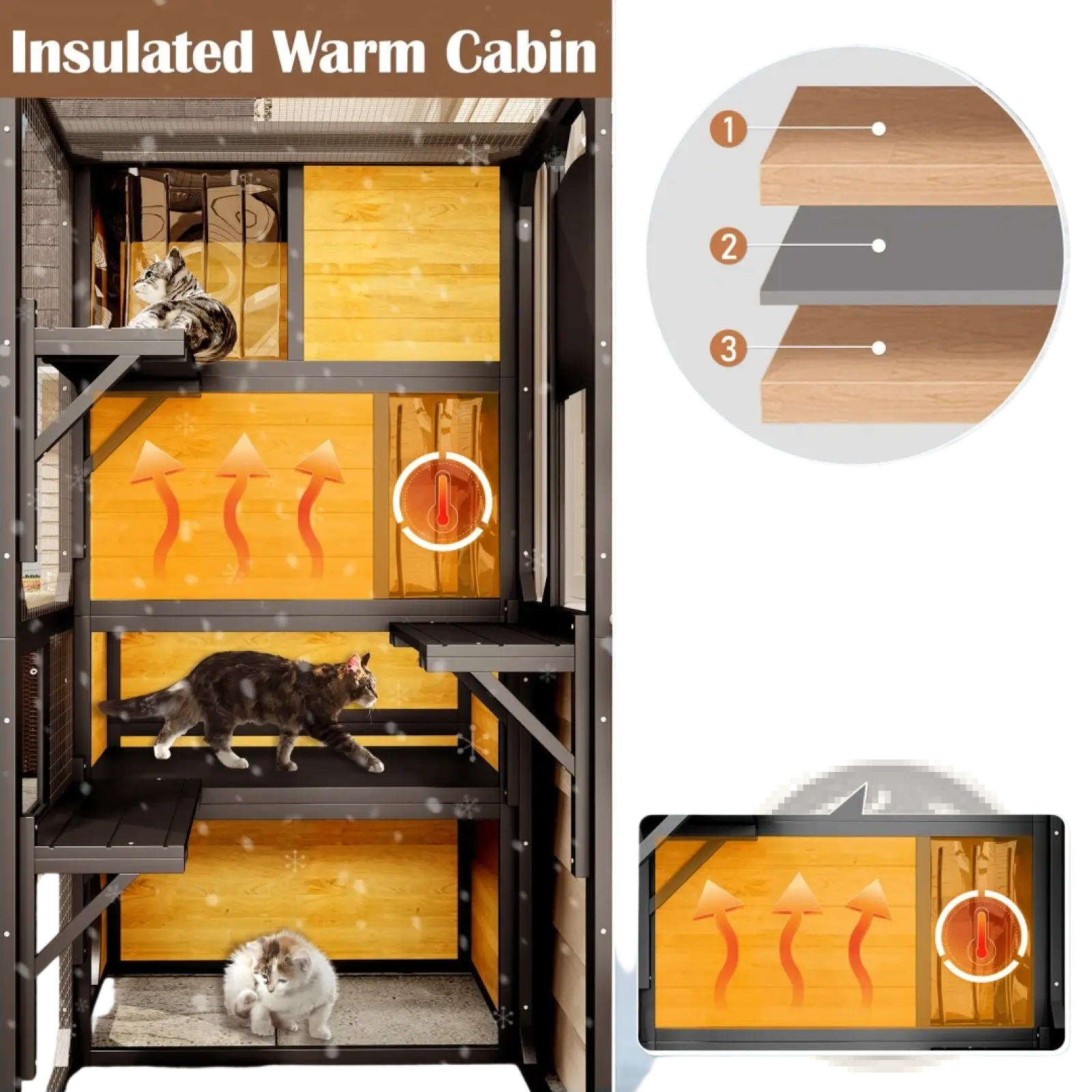 Large outdoor catio 4 tier wooden cat enclosure with multi-level insulated warm cabin in poplar wood and black metal frame
