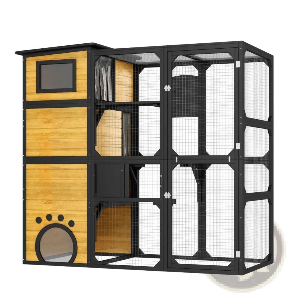 Large outdoor catio 4 tier wooden enclosure in black and light wood with mesh panels paw print entrance and window