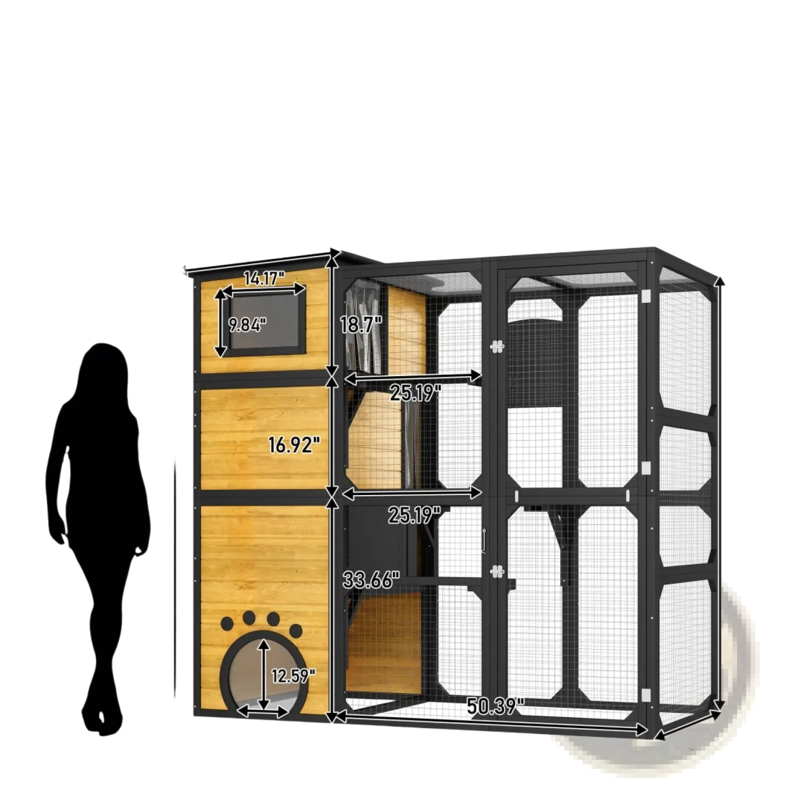 Large outdoor catio 4 tier black metal and wood enclosure with mesh panels wooden platforms and paw print entrance