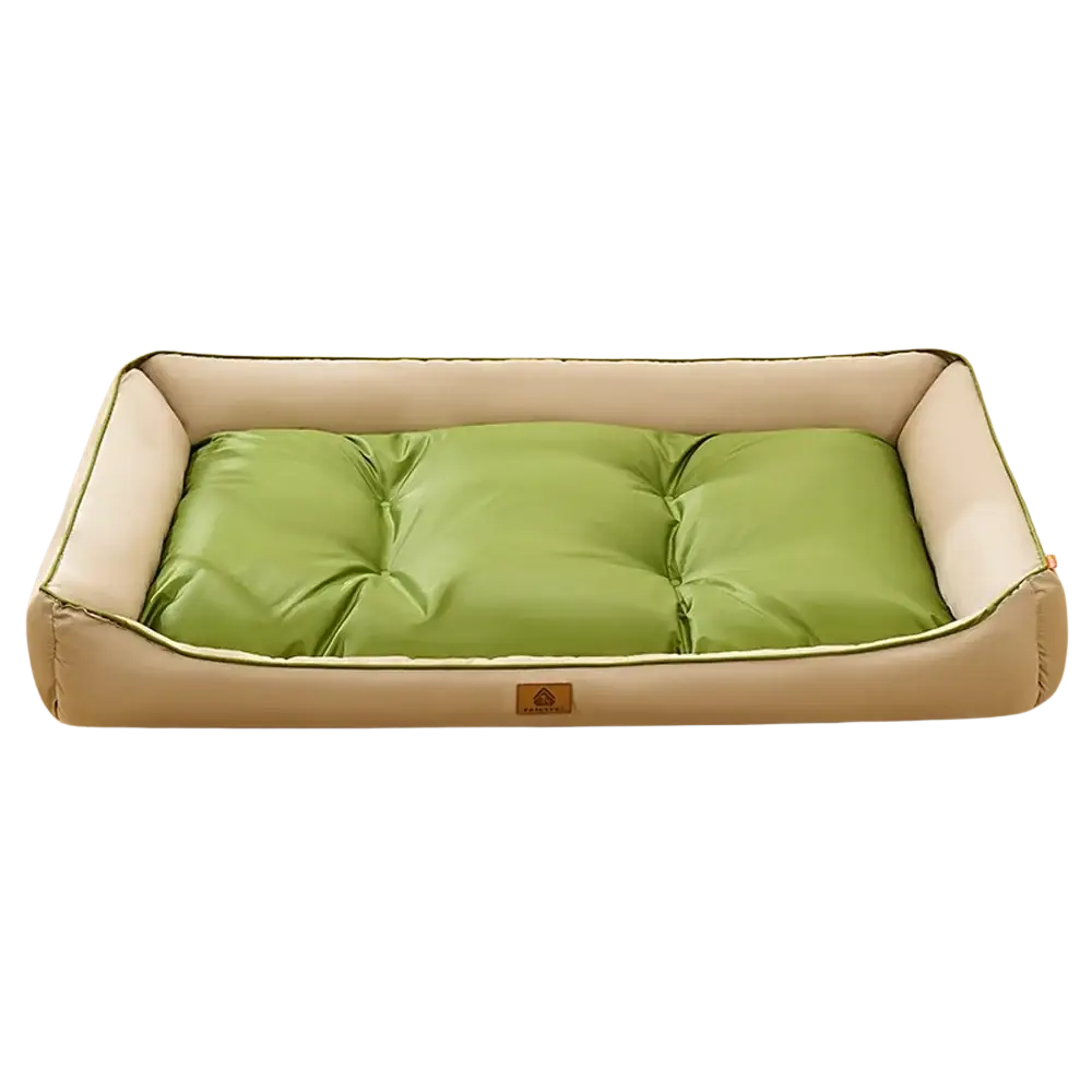 Large pink plush sofa sleeping bed for dogs with beige and green tufted design and soft padded interior