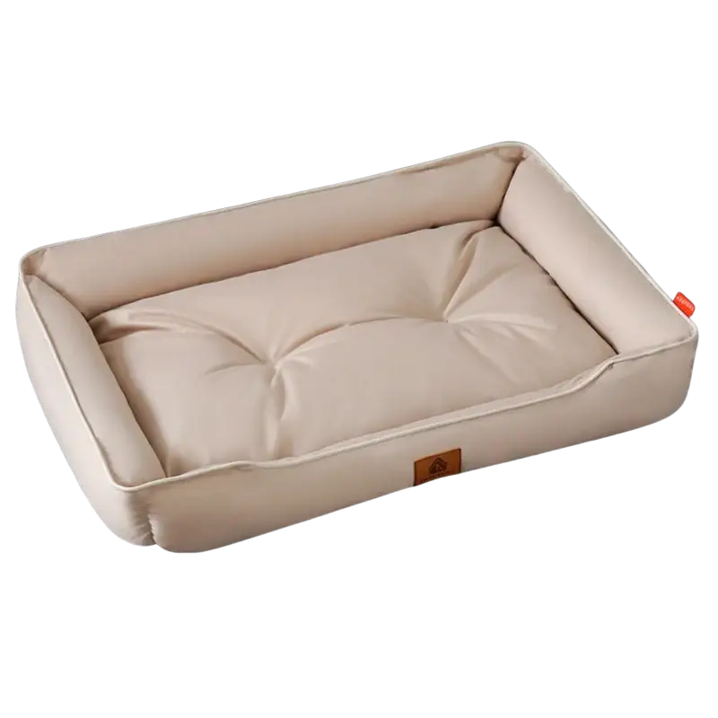 Beige rectangular sofa sleeping pet bed with tufted cushioning and soft fabric exterior for dogs