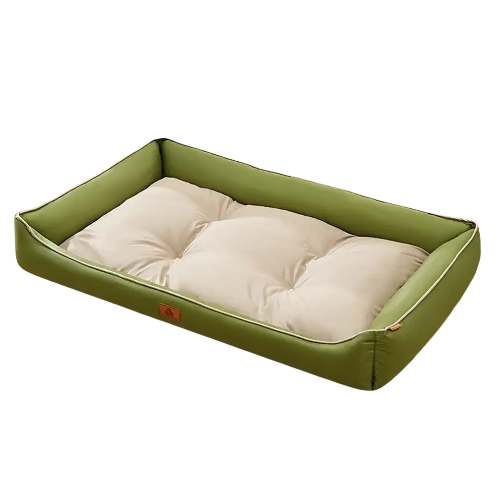 Large olive green rectangular sofa sleeping pet bed with beige tufted cushion and stitched trim for dogs