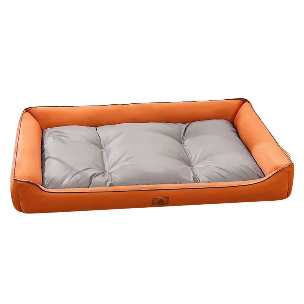 Large pink plush sofa sleeping bed for dogs with orange and gray tufted cushion made of soft plush material