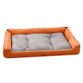 Large pink plush sofa sleeping bed for dogs with orange and gray tufted cushion made of soft plush material