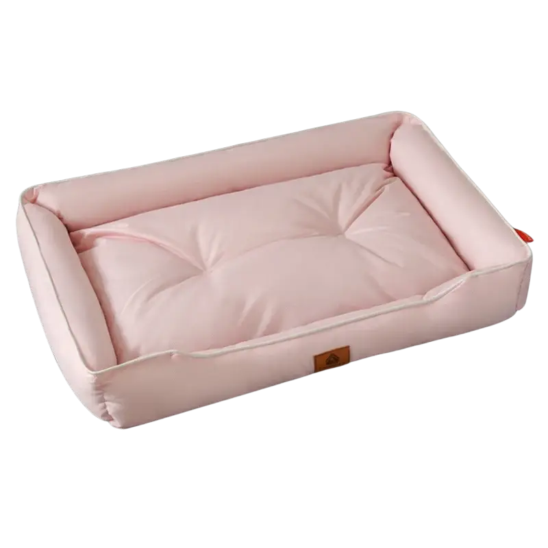 Large pink plush sofa sleeping bed for dogs with soft padded fabric and tufted design for comfortable rest