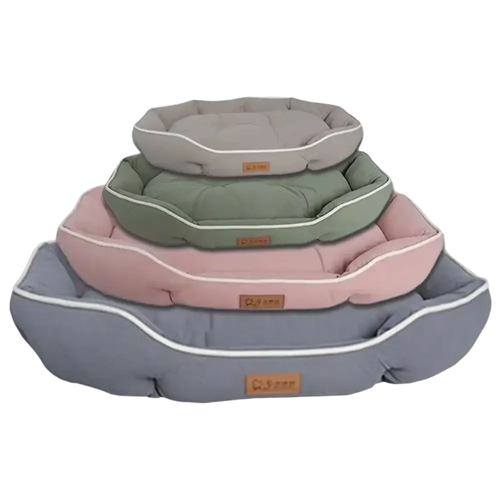 Stacked large plush sofa sleeping beds for dogs in soft pastel gray sage green and pink with white piping trim