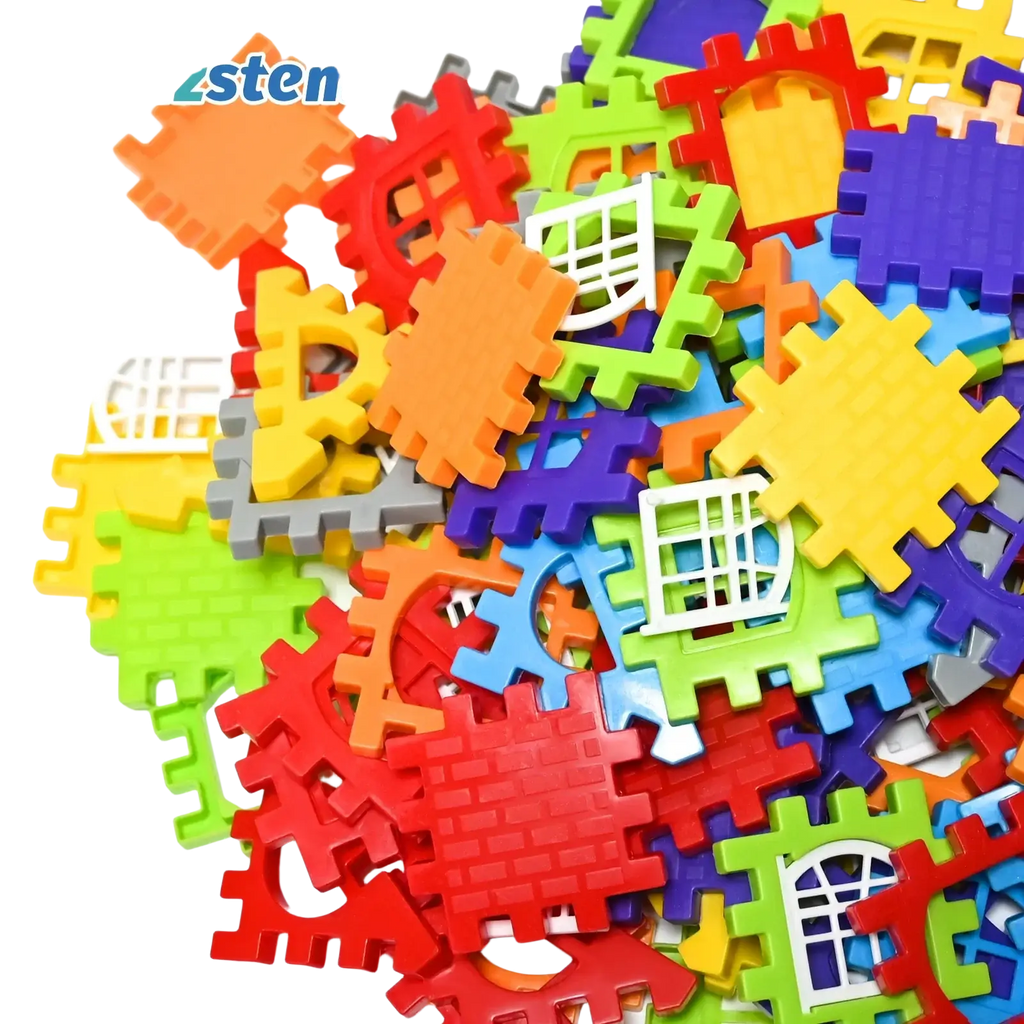 A colorful assortment of interlocking foam puzzle pieces in vibrant colors for large plastic building block house construction set