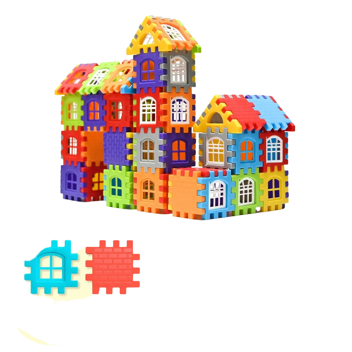 Large plastic building block house construction set by amzstem with 50 colorful interlocking foam pieces including windows and roofs