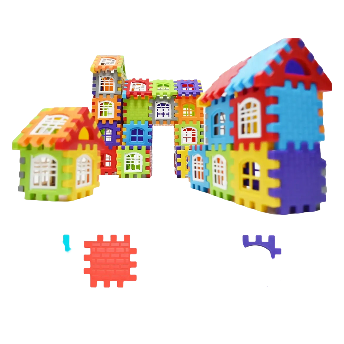 Colorful interlocking foam building blocks in assorted shapes and sizes for creative play in large plastic building block house set