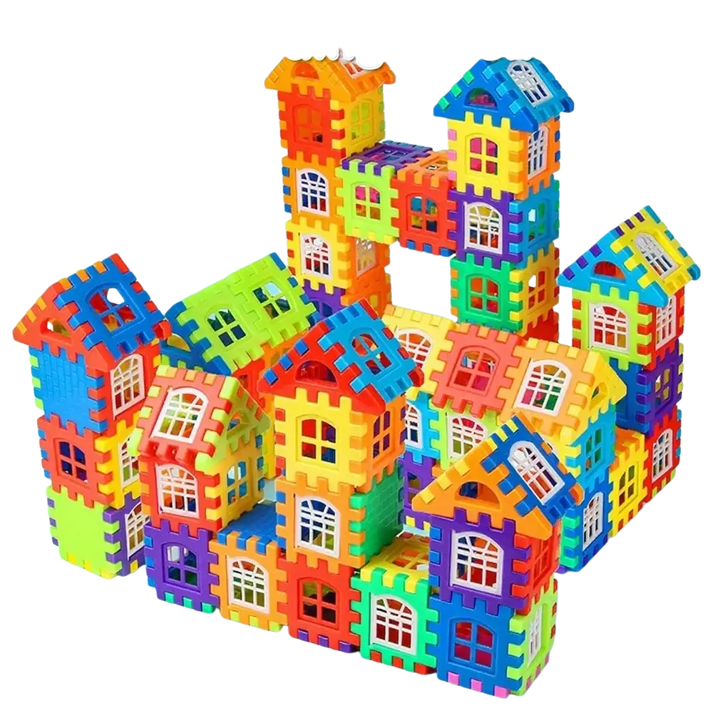 A vibrant large plastic building block house construction set featuring colorful houses with white window details