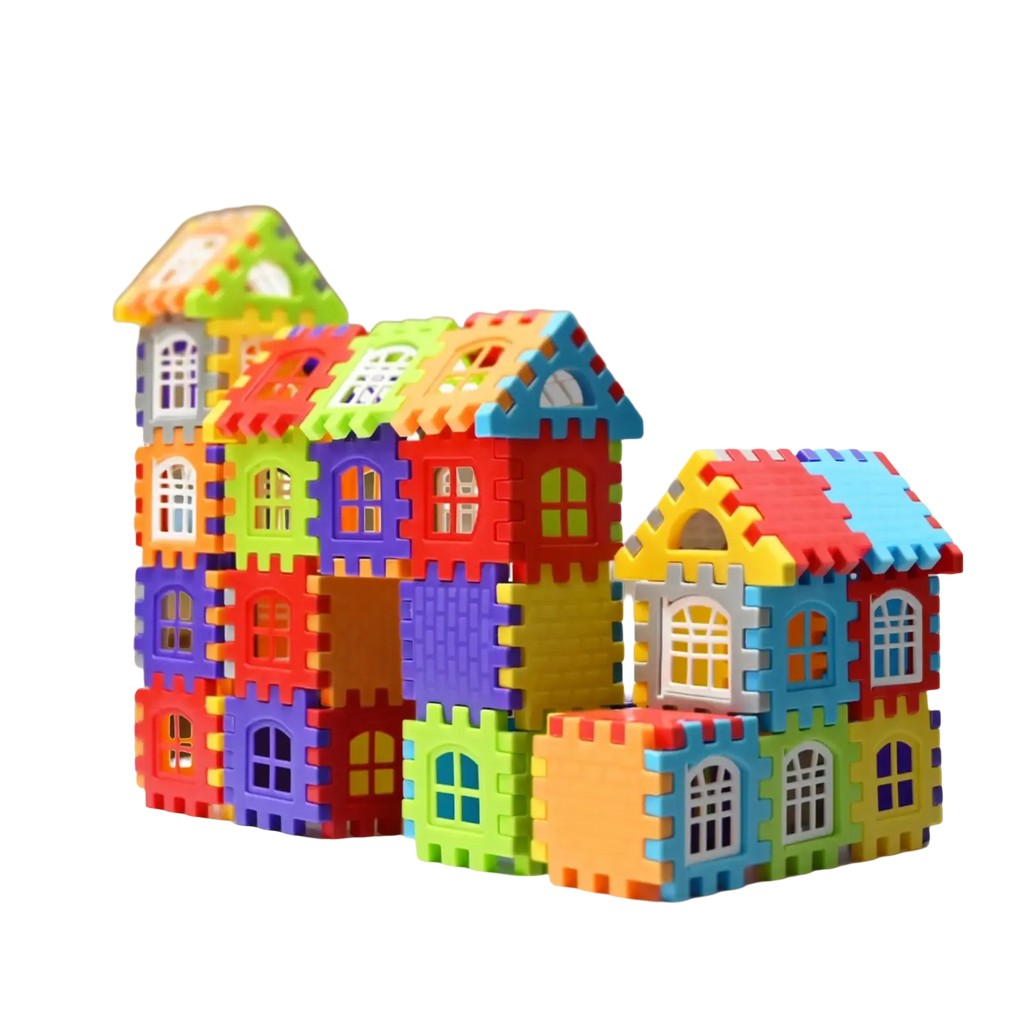 A large plastic building block house construction set with vibrant multicolored foam interlocking pieces and white window details