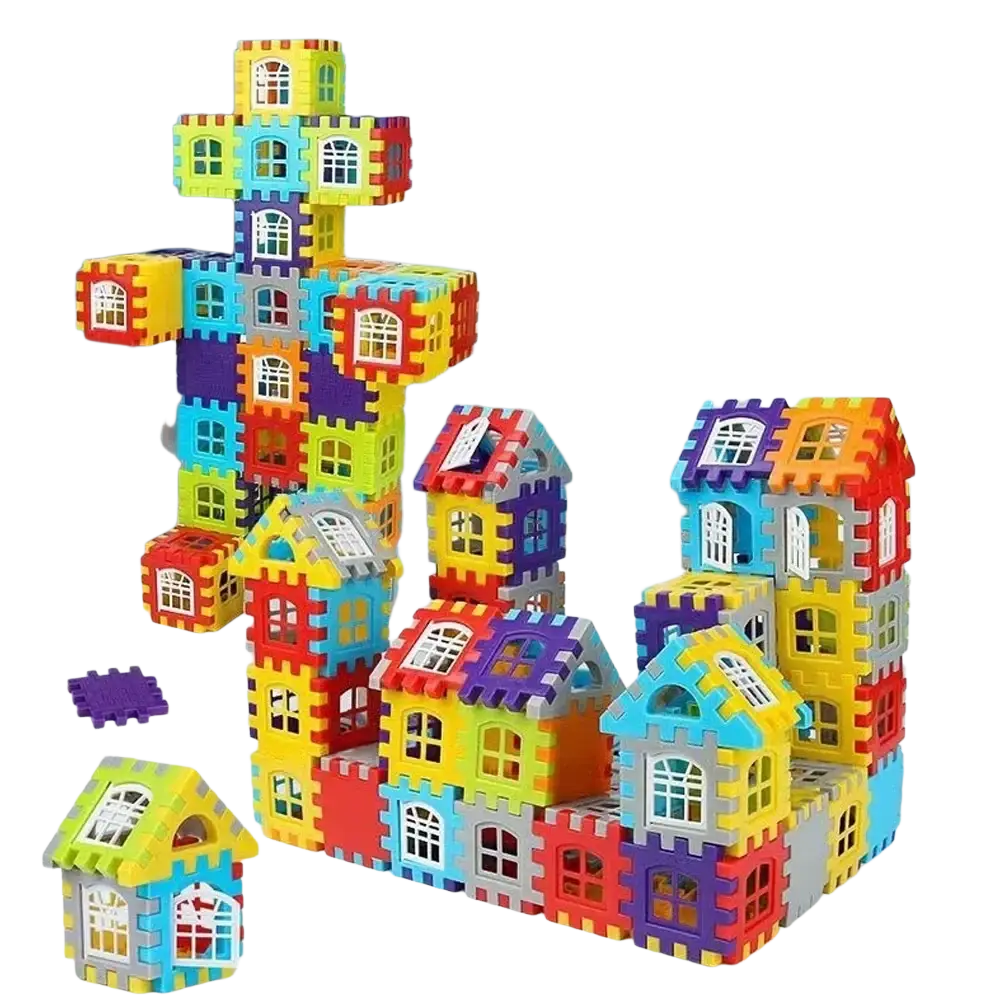 A vibrant multi-colored large plastic building block house construction set with interlocking foam puzzle pieces and window details