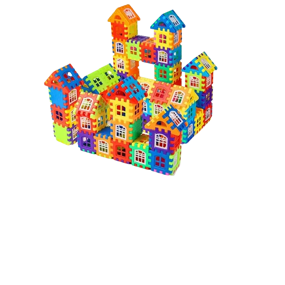 Large plastic building block house construction set with 140 vibrant multicolored interlocking plastic pieces