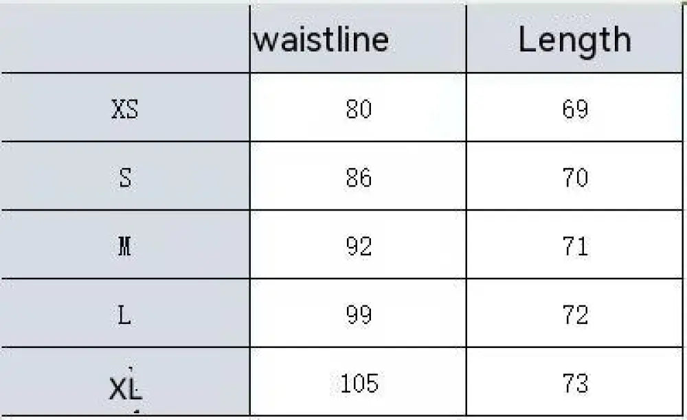 Size chart for men’s multi pocket urban techwear tactical joggers showing waistline and length in centimeters for sizes xs to xl