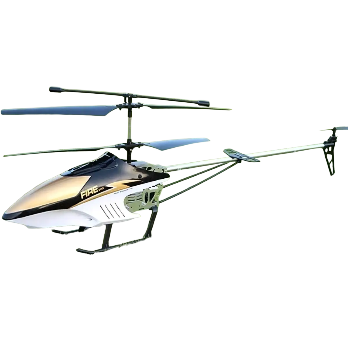 Large remote control helicopter 80cm in black gold and white with blue rotor blades featuring extended flight time and quick charging time