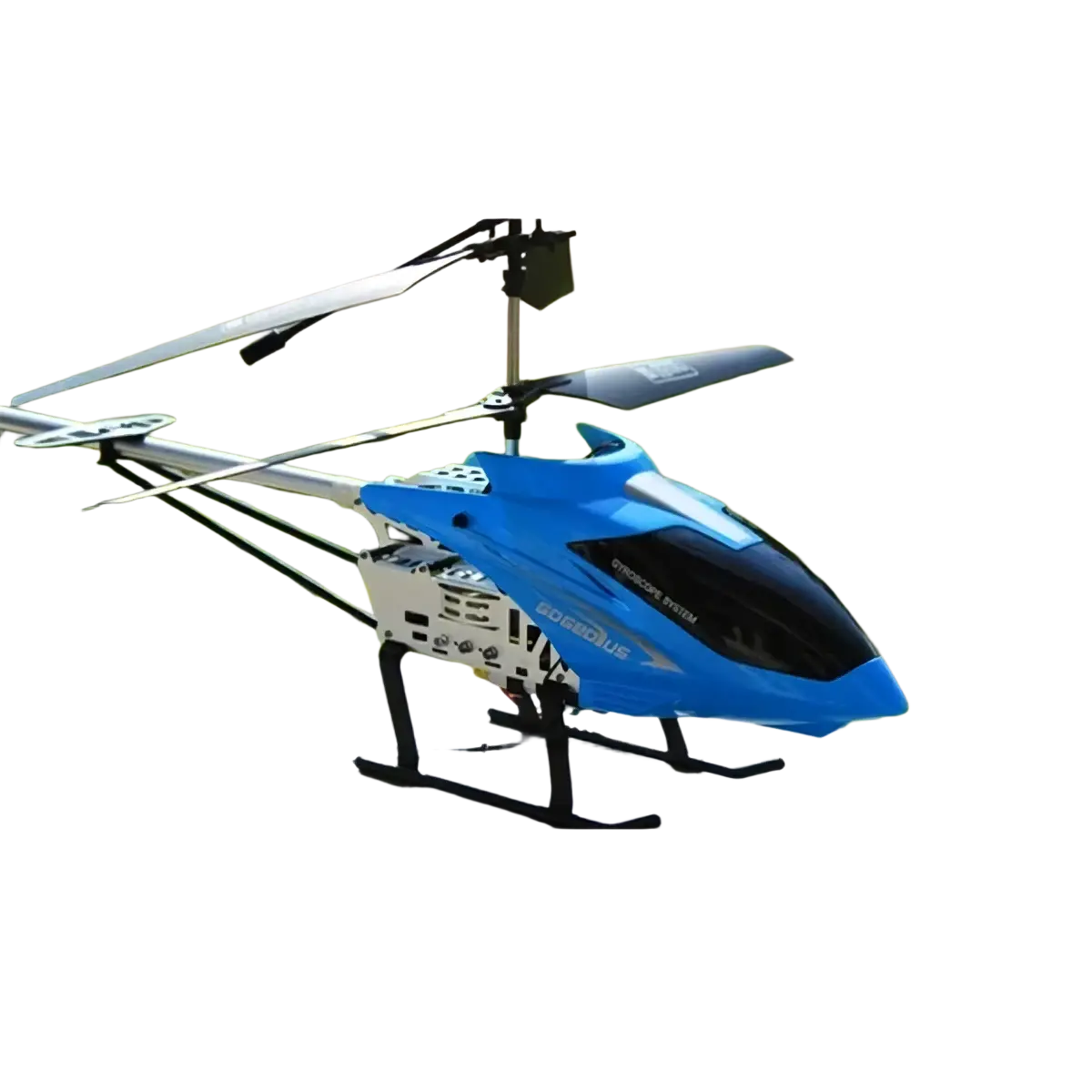Large remote control helicopter 80cm in blue and black with silver blades and white chassis offering long flight time