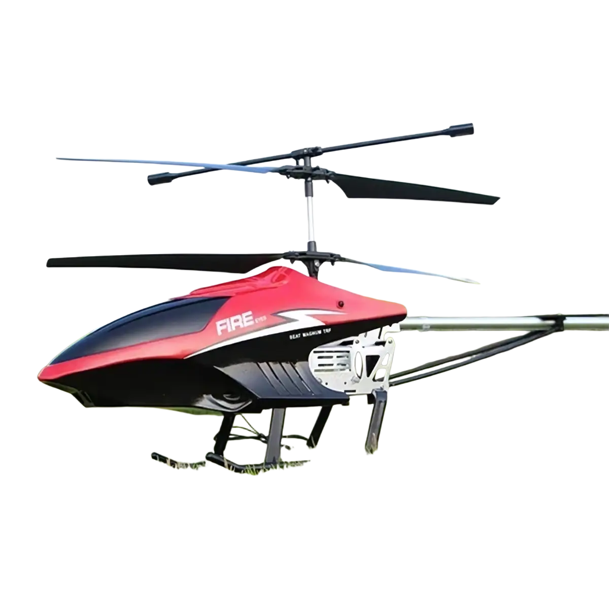 Large remote control helicopter 80cm in red and black with silver accents featuring sleek aerodynamic design and long flight time