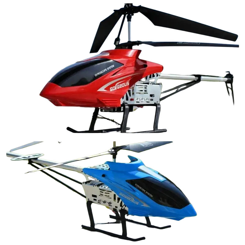 Large remote control helicopter 80cm with red and blue fuselage, black rotor blades, white chassis, and gogeous branding