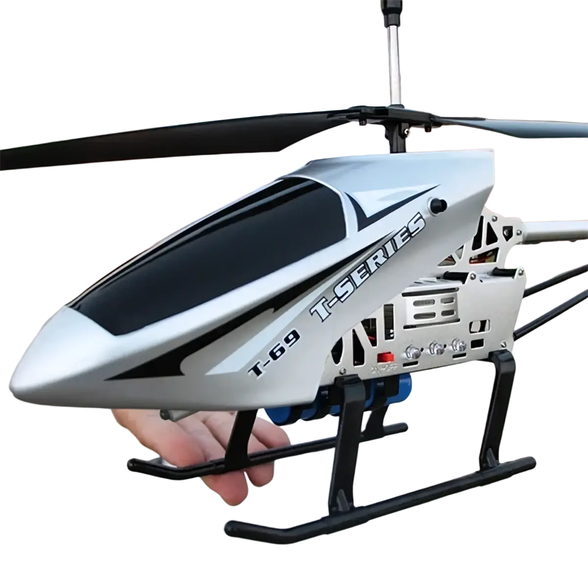 Silver and black t-69 t-series large remote control helicopter 80cm with sleek aerodynamic design optimized for flight time and charging time
