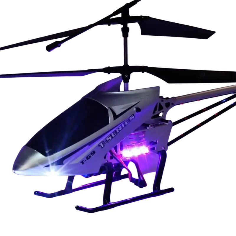 Silver and black t-69 t-series large remote control helicopter 80cm with glowing purple lights, optimized for flight time and charging time